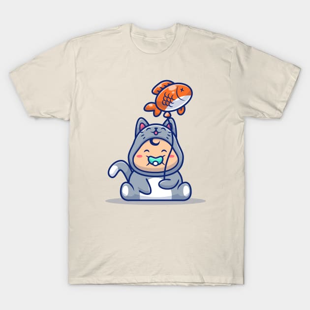 Cute Baby Wearing Cat Costume With Fish Balloon T-Shirt by Catalyst Labs